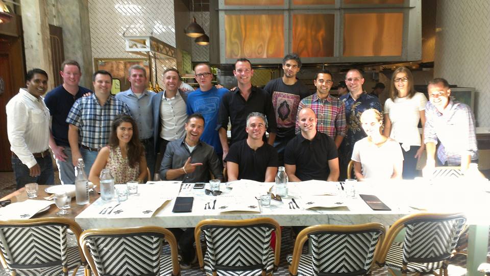 San Diego Luncheon with (L to R, back row) Tarek Statico, JJ Jordison, Frank Bria, John Corcoran, Chandler Bolt, Ryan J. Williams, Matthew Kimberley, Omar Zenhom of $100 MBA podcast, Pat Flynn from Smart Passive Income, Dr. Dave Stachowiak, Colleen Taylor, Wes Chapman; (L to R, front row), Nicole Baldinu, Jacob Sapochnik, Clay Hebert, Grant Baldwin, Kate Erickson (from Entrepreneur on Fire)